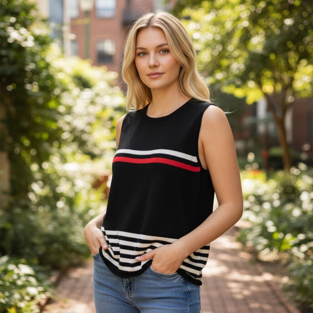 George Sweater Womens Large Black Striped Sleeveless Thin Knit Vintage